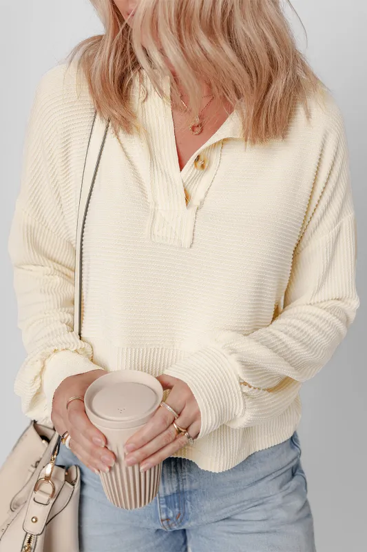 Apricot Ribbed Texture Lantern Sleeve Buttons Henley Sweatshirt sold by eAura