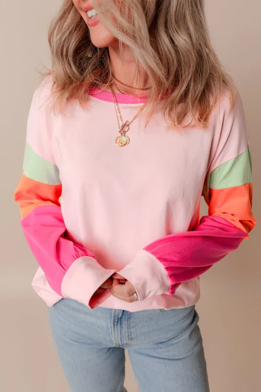 Pink Colourblock Patchwork Long Sleeve Loose Top sold by eAura