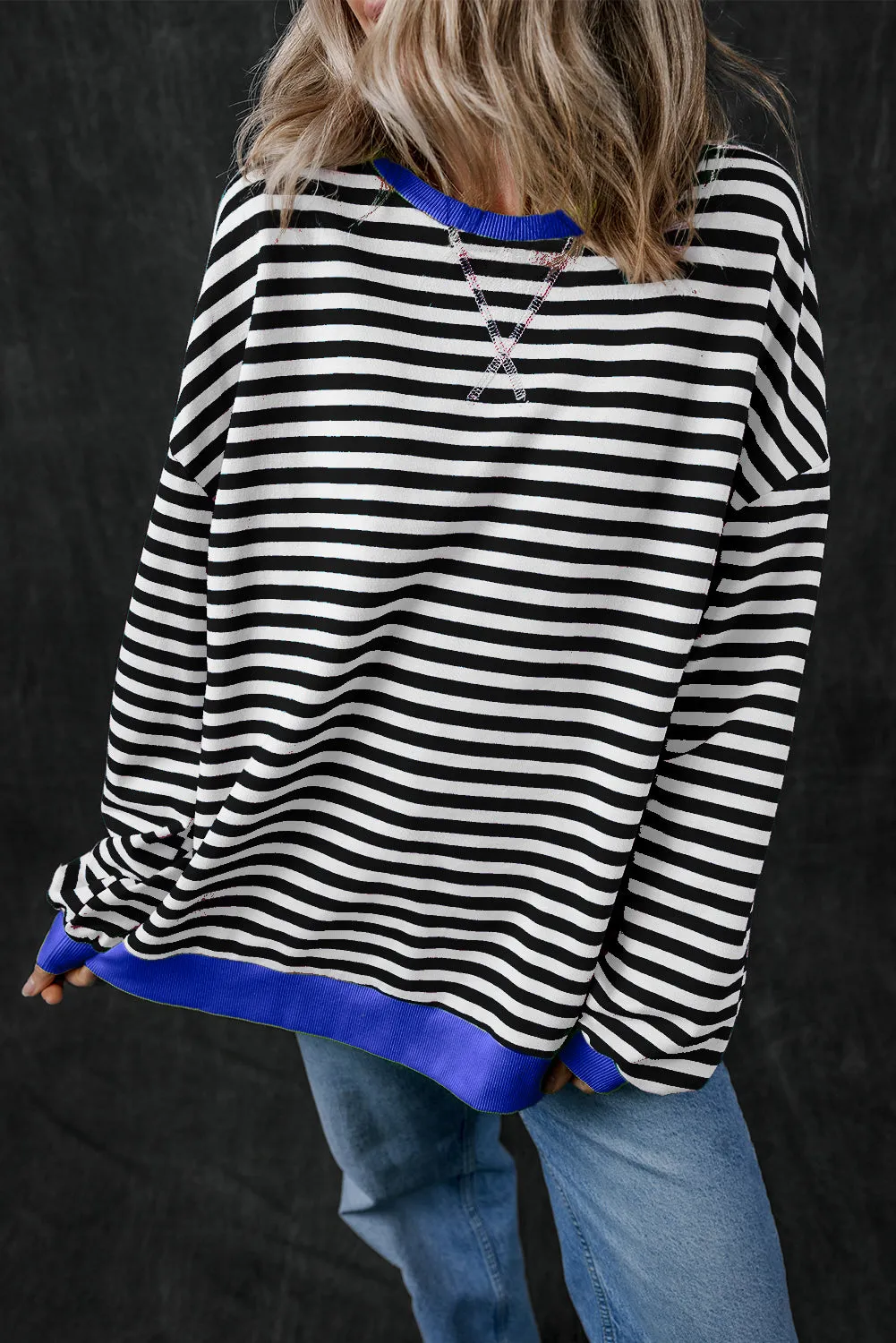 Black Stripe Oversized Contrast Trim Pullover Sweatshirt sold by eAura