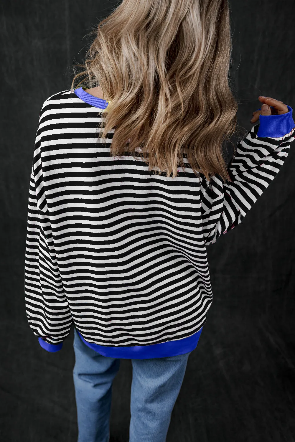 Black Stripe Oversized Contrast Trim Pullover Sweatshirt sold by eAura product image thumbnail 2