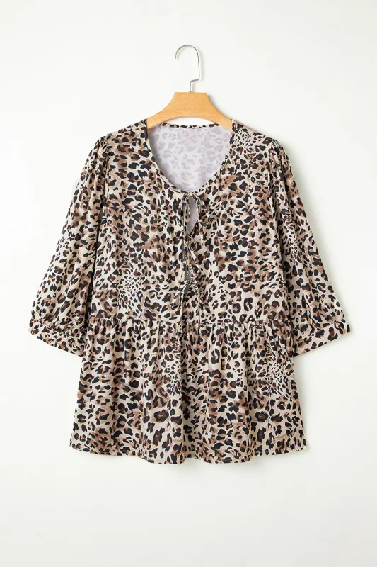 Khaki Leopard Print Lace-up Ruffled 3/4 Sleeve Plus Size Blouse sold by eAura