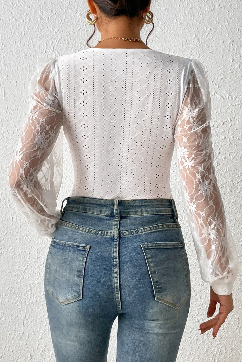 White Frenchy Contrast Lace Bishop Sleeve Bodysuit sold by eAura product image thumbnail 3