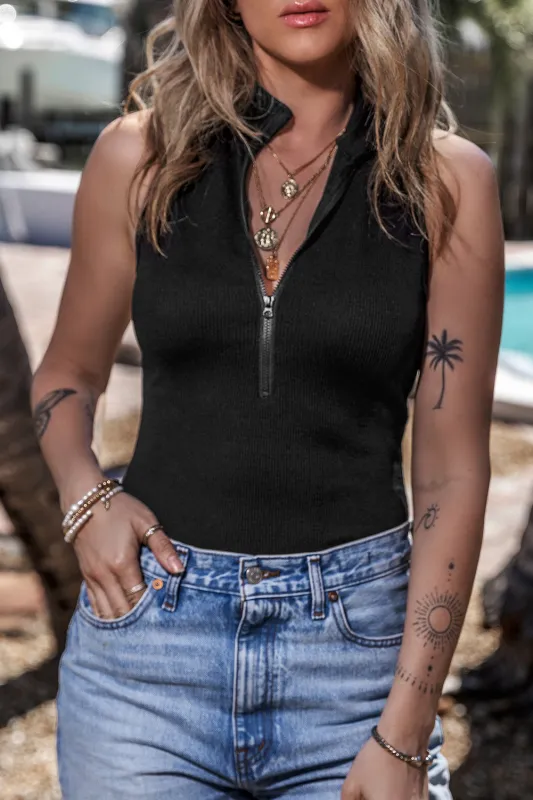 Black Zip up Mock Neck Ribbed Sleeveless Bodysuit sold by eAura