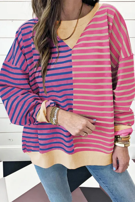 Pink Stripe Casual Stripe Colourblock Drop Shoulder Oversize Sweatshirt sold by eAura