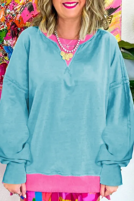 Light Blue Colourblock Patchwork Crew Neck Loose Sweatshirt sold by eAura