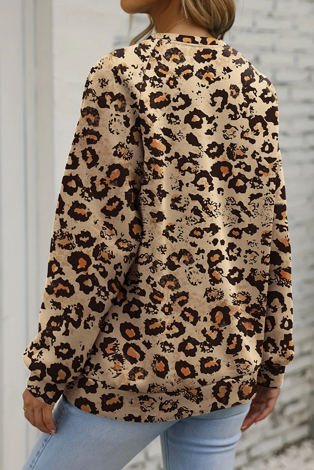 Brown Leopard Bleached Raglan Sleeve Pullover Sweatshirt sold by eAura product image thumbnail 2
