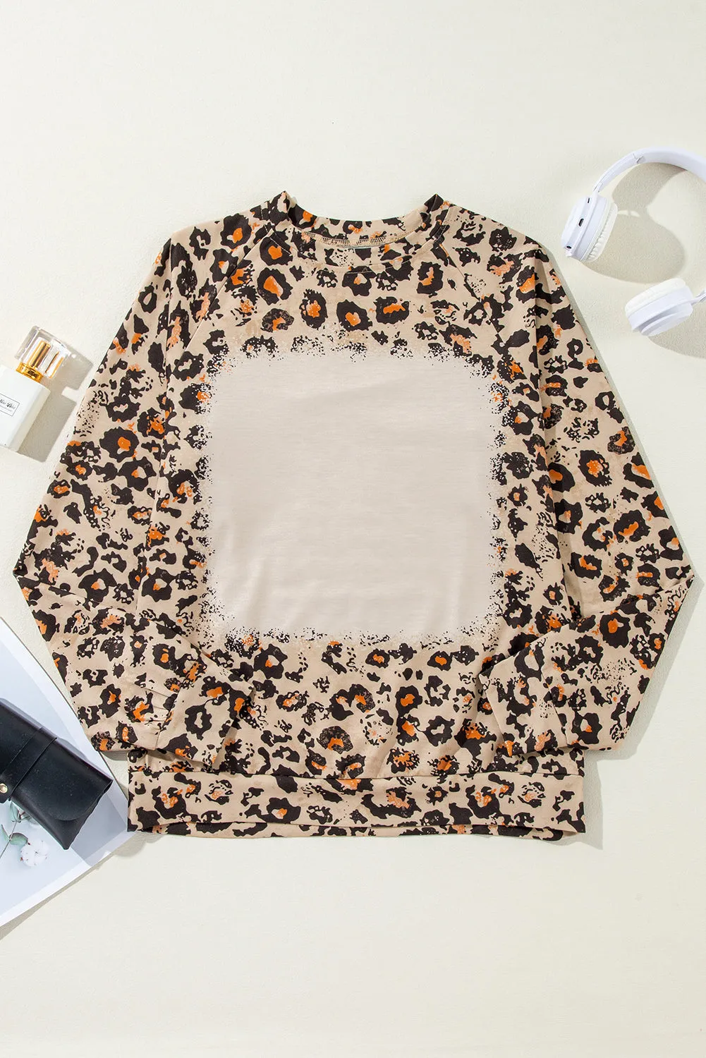 Brown Leopard Bleached Raglan Sleeve Pullover Sweatshirt sold by eAura product image thumbnail 3