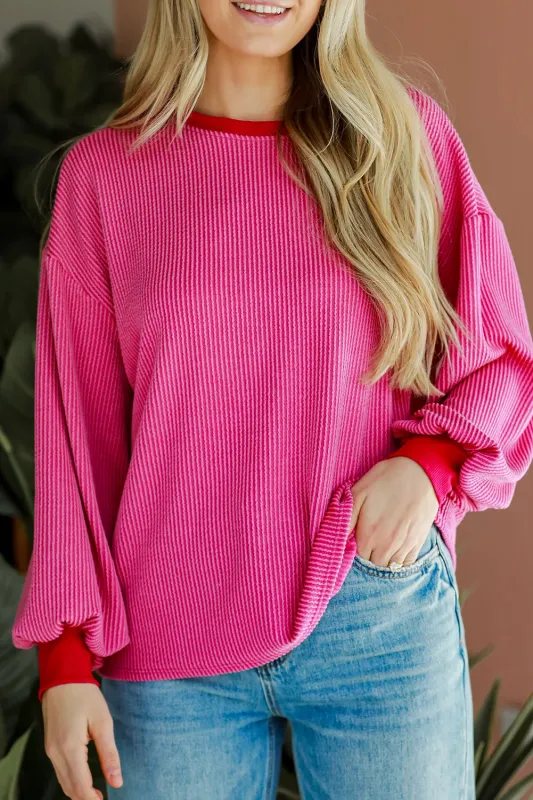 Bright Pink Ribbed Contrast Edge Drop Shoulder Long Sleeve Top sold by eAura