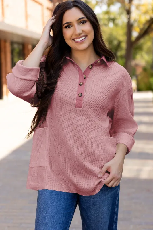 Pink Waffle Long Sleeve Collar Half Button Loose Top sold by eAura