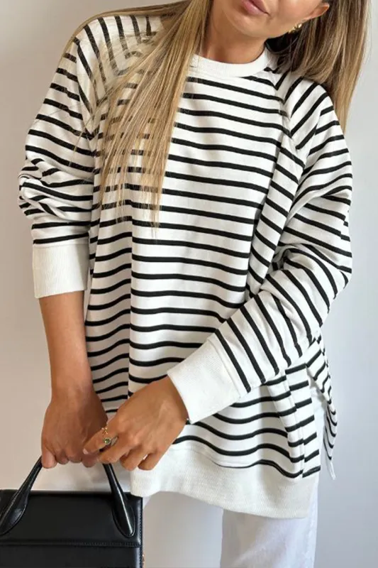 Black Stripe Raglan Sleeve Side Slits Loose Sweatshirt sold by eAura