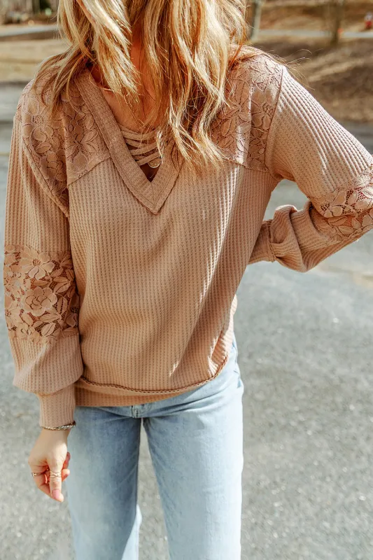 Apricot Lace Waffle Patchwork Strappy V Neck Long Sleeve Top sold by eAura