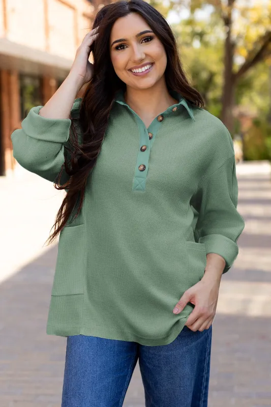 Smoke Green Waffle Long Sleeve Collar Half Button Loose Top sold by eAura