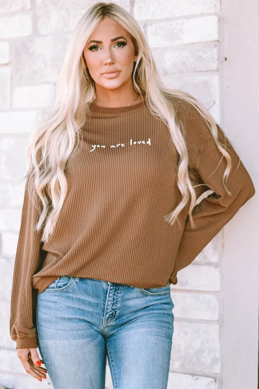 Khaki You Are Loved Print Corduroy Sweatshirt sold by eAura