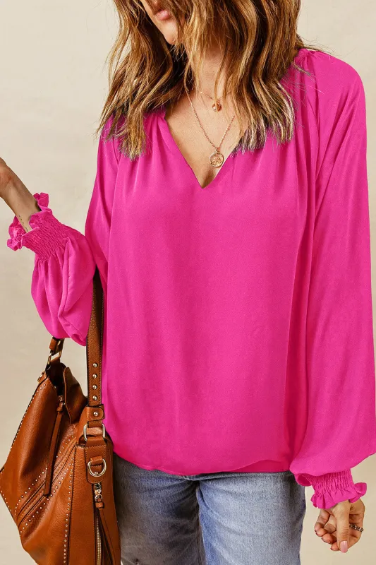Rose Pleated V Neck Puffy Sleeve Blouse sold by eAura