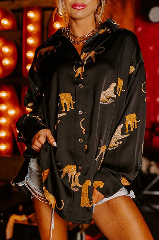 Black Cheetah Animal Print Button Up Satin Shirt sold by eAura