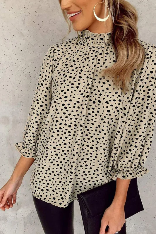 Khaki Frilled Neck 3/4 Sleeves Cheetah Blouse sold by eAura