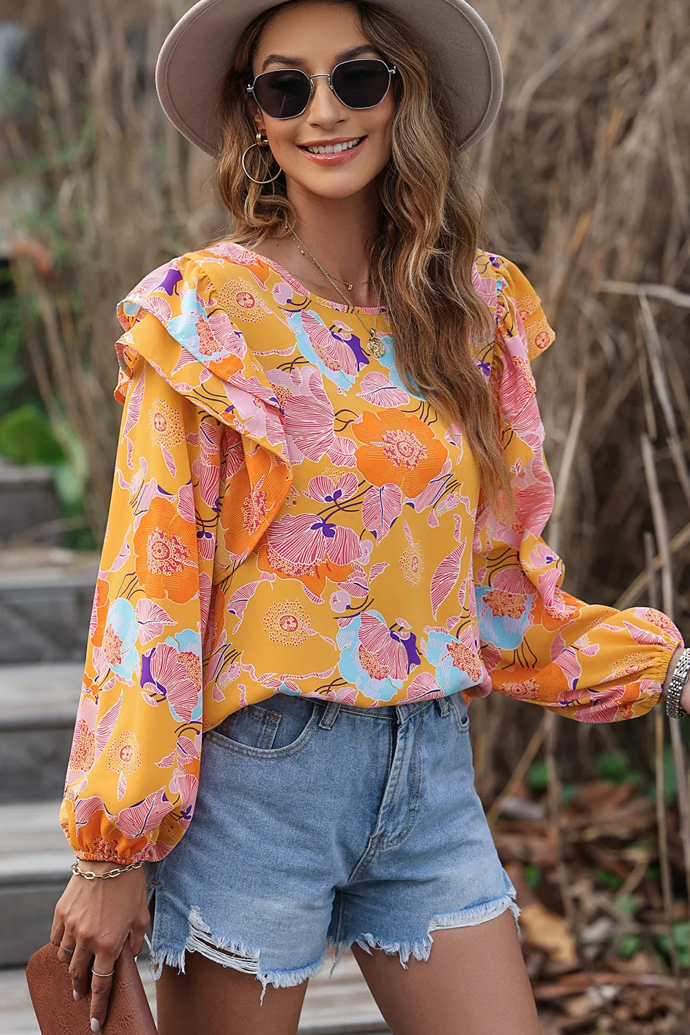 Ginger Floral Print Ruffle Puff Sleeve Blouse sold by eAura product image thumbnail 3