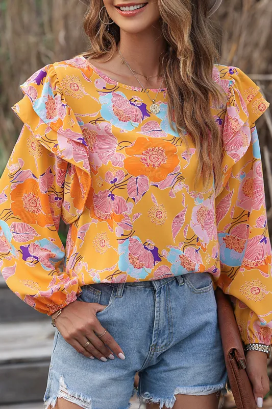 Ginger Floral Print Ruffle Puff Sleeve Blouse sold by eAura