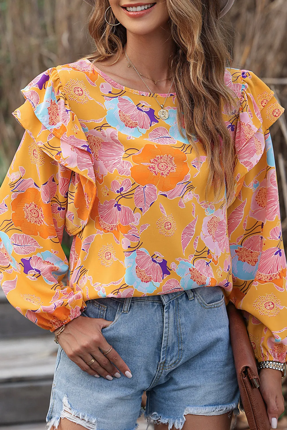 Ginger Floral Print Ruffle Puff Sleeve Blouse sold by eAura