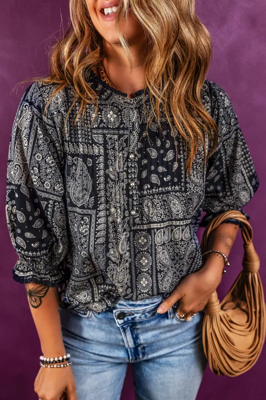 Navy Blue Vintage Boho Paisley Print 3/4 Sleeve Blouse sold by eAura