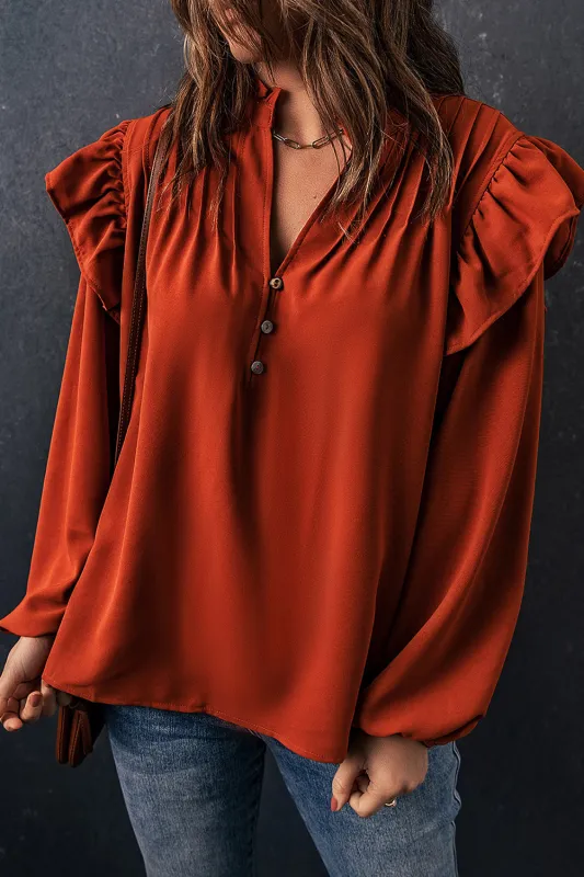 Orange Ruffled Pleated Buttoned V Neck Blouse sold by eAura
