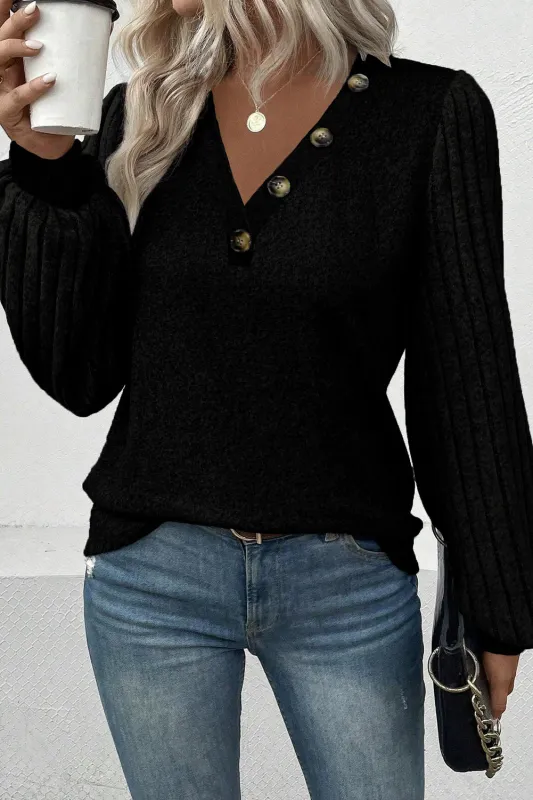 Black Buttoned V Neck Ribbed Puff Sleeve Top sold by eAura