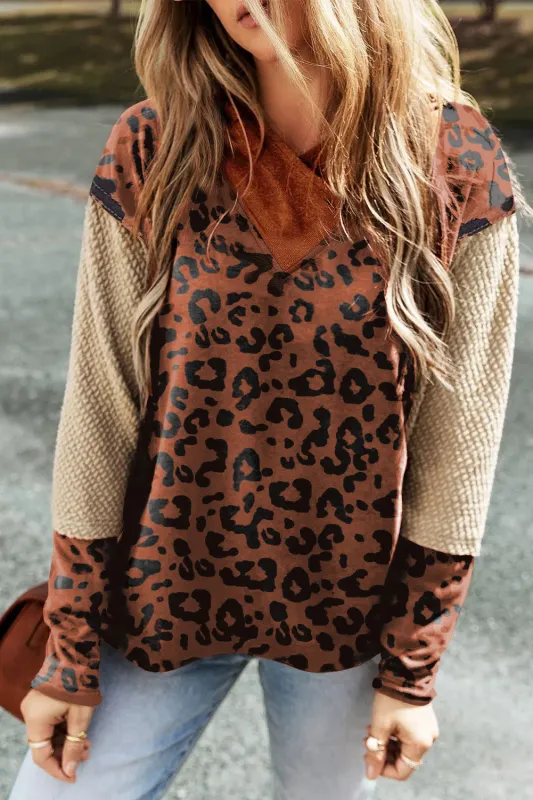 Brown Textured Knit Patchwork Leopard Hoodie sold by eAura