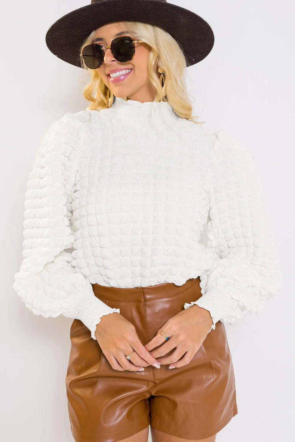White Textured Smocked Mock Neck Puff Sleeve Top sold by eAura product image thumbnail 3