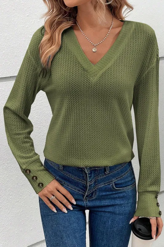 Jungle Green Textured Knit V Neck Button Cuffs Long Sleeve Top sold by eAura