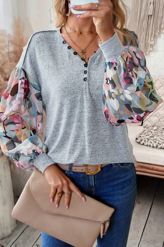 Grey Floral Lantern Sleeve Patchwork Buttoned V Neck Top sold by eAura