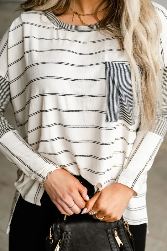 Stripe Patchwork High Low Side Slits Long Sleeve Top made by eAura