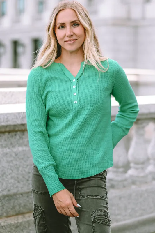 Green Trimmed Neckline Waffle Knit Henley Top sold by eAura