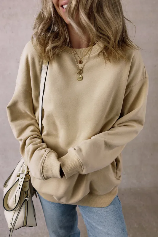 Parchment Solid Loose Crew Neck Fleece Sweatshirt sold by eAura