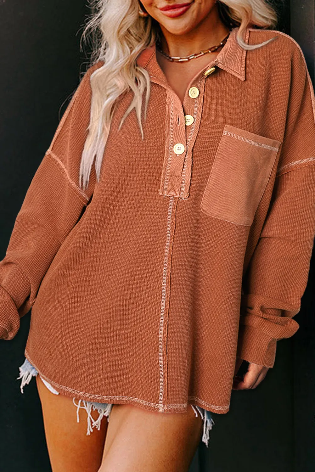 Chestnut Waffle Exposed Seam Pocket Henley Sweatshirt sold by eAura