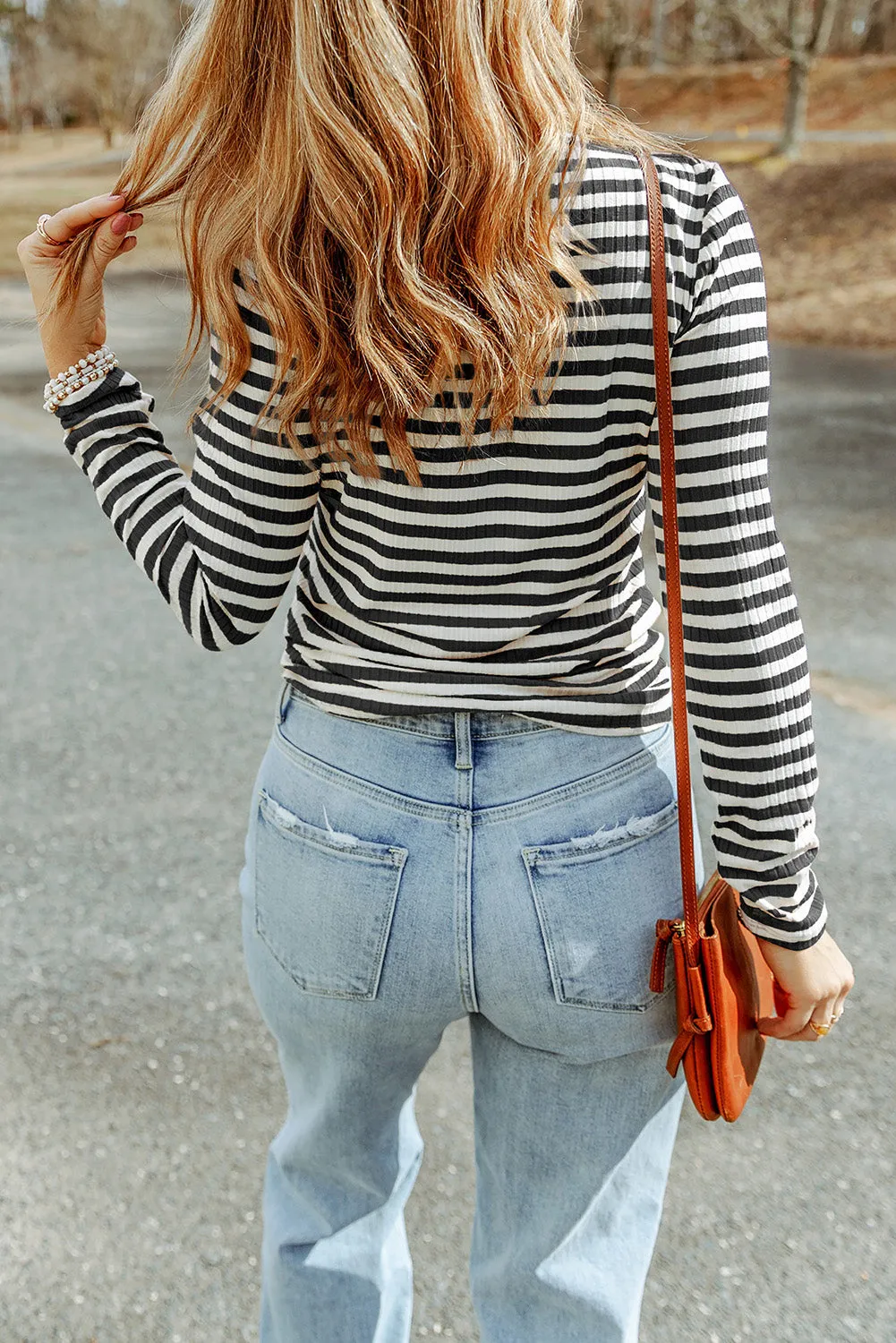Black Striped Print Textured Knit Long Sleeve Tee sold by eAura product image thumbnail 2