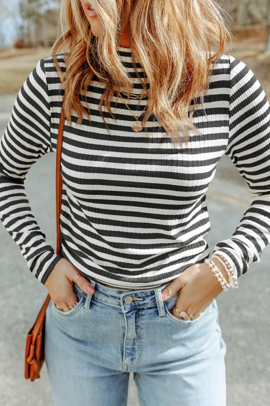 Black Striped Print Textured Knit Long Sleeve Tee sold by eAura