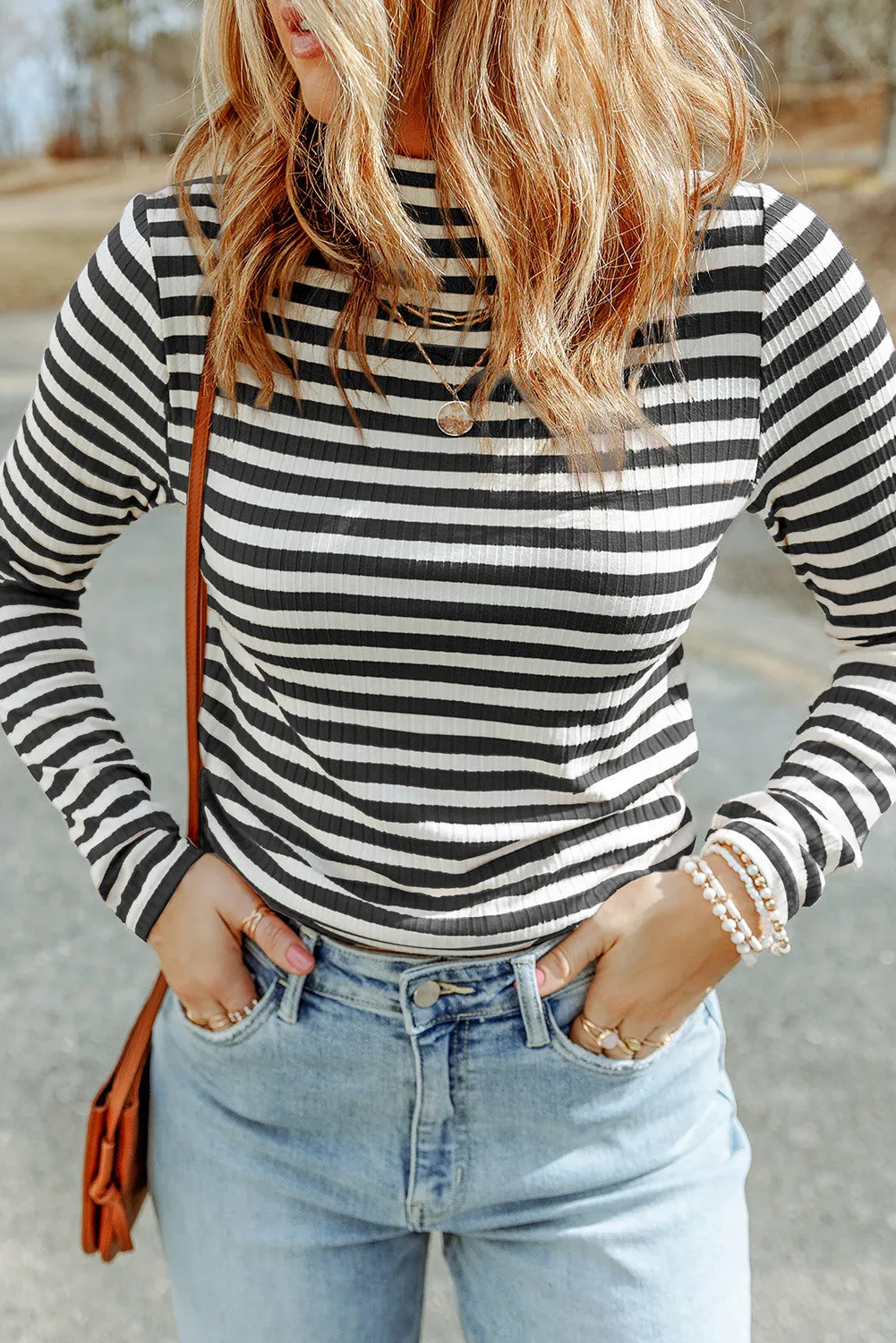 Black Striped Print Textured Knit Long Sleeve Tee sold by eAura