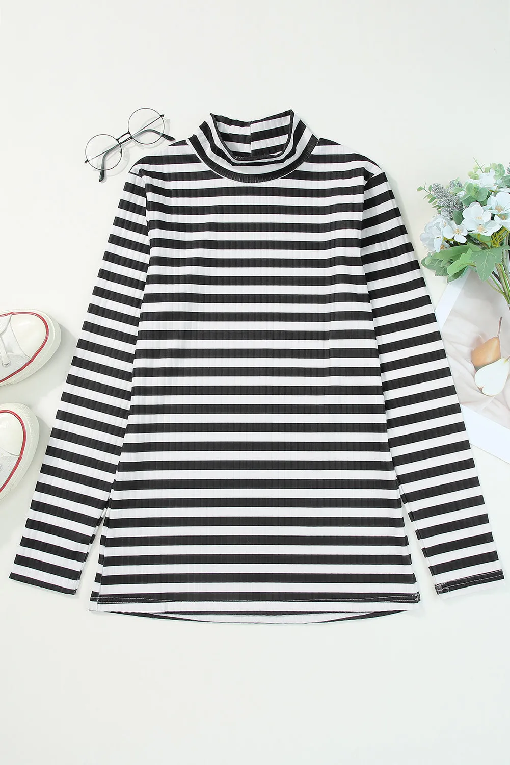 Black Striped Print Textured Knit Long Sleeve Tee sold by eAura product image thumbnail 3