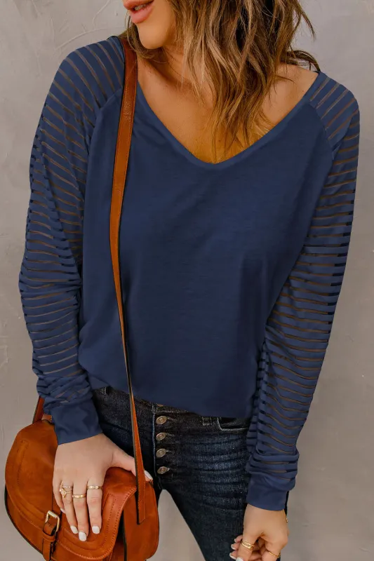Blue Sheer Stripe V-Neck Top sold by eAura