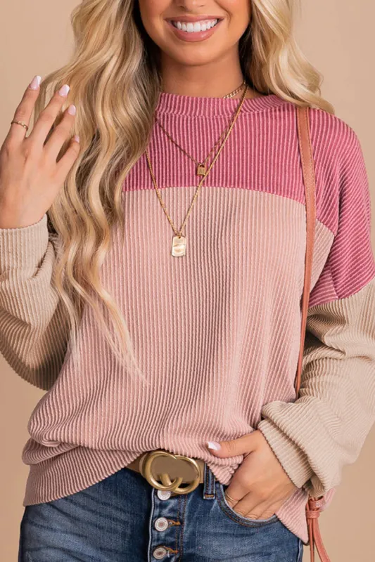 Pink Colour Block Long Sleeve Ribbed Loose Top sold by eAura
