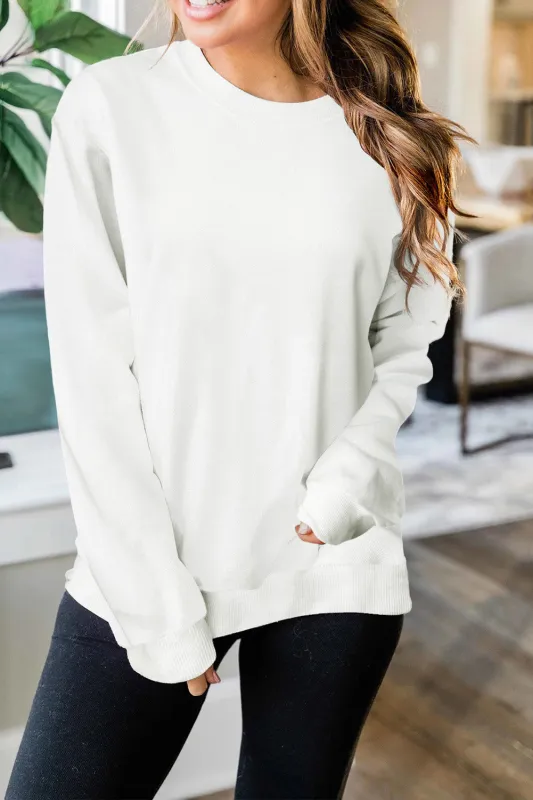 Beige Plain Crew Neck Pullover Sweatshirt sold by eAura