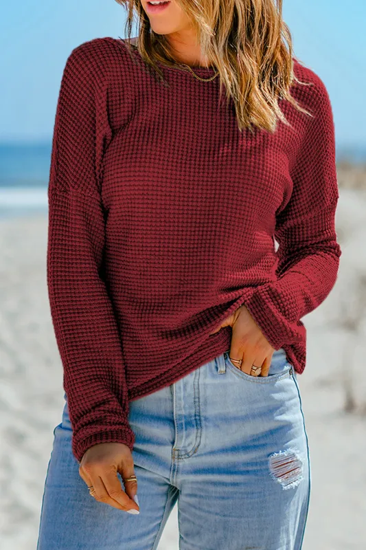Fiery Red Waffle Knit Drop Shoulder Long Sleeve Top sold by eAura
