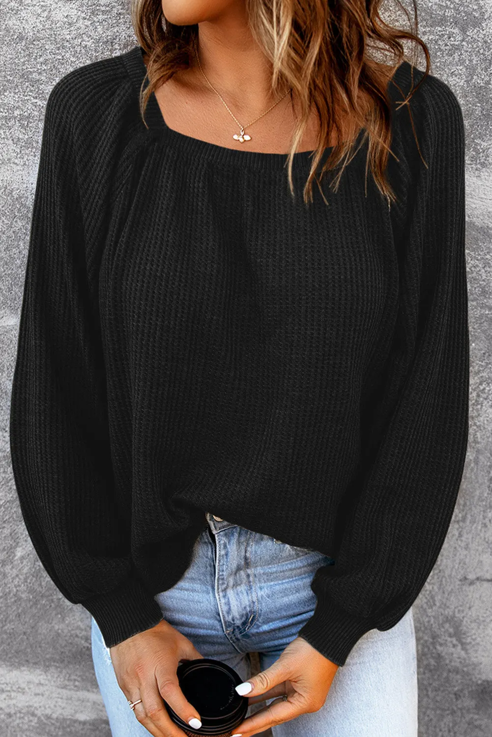 Black Scoop Neck Puff Sleeve Waffle Knit Top sold by eAura product image thumbnail 3