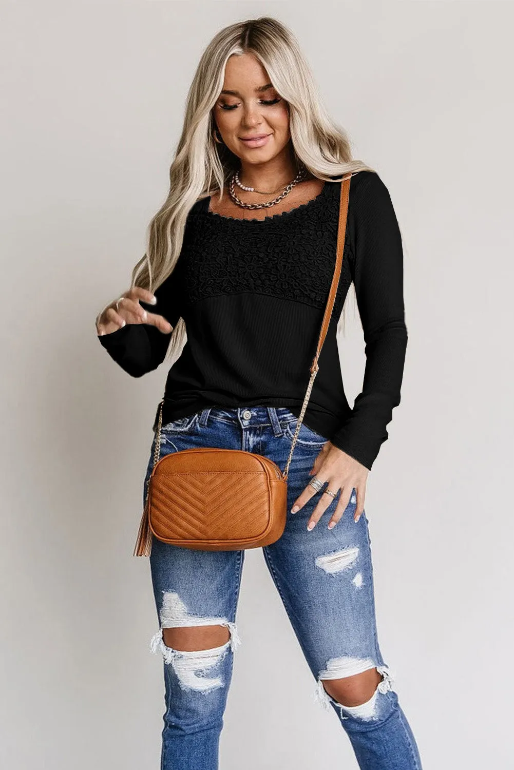 Lace Crochet V Neck Long Sleeve Top sold by eAura product image thumbnail 2