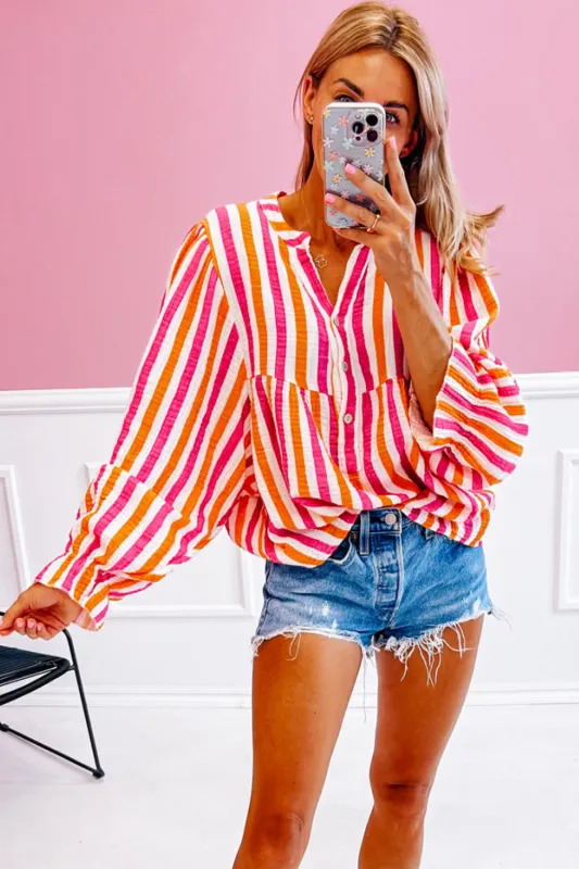 Orange Stripe Balloon Sleeve Notched V Neck Buttoned Front Blouse sold by eAura
