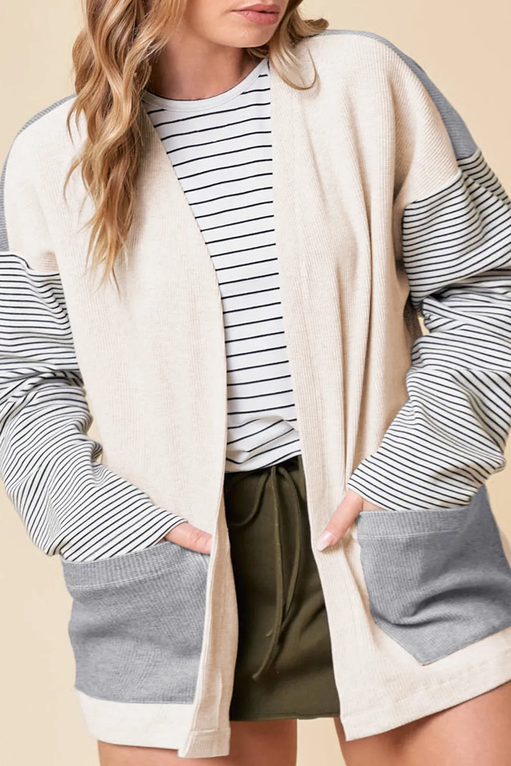 Black Stripe Colourblock Patchwork Open Front Cardigan with Pocket sold by eAura product image thumbnail 2