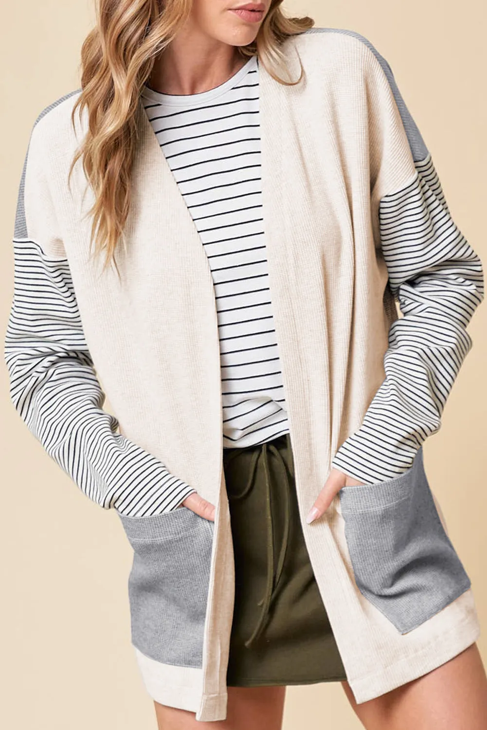 Black Stripe Colourblock Patchwork Open Front Cardigan with Pocket sold by eAura