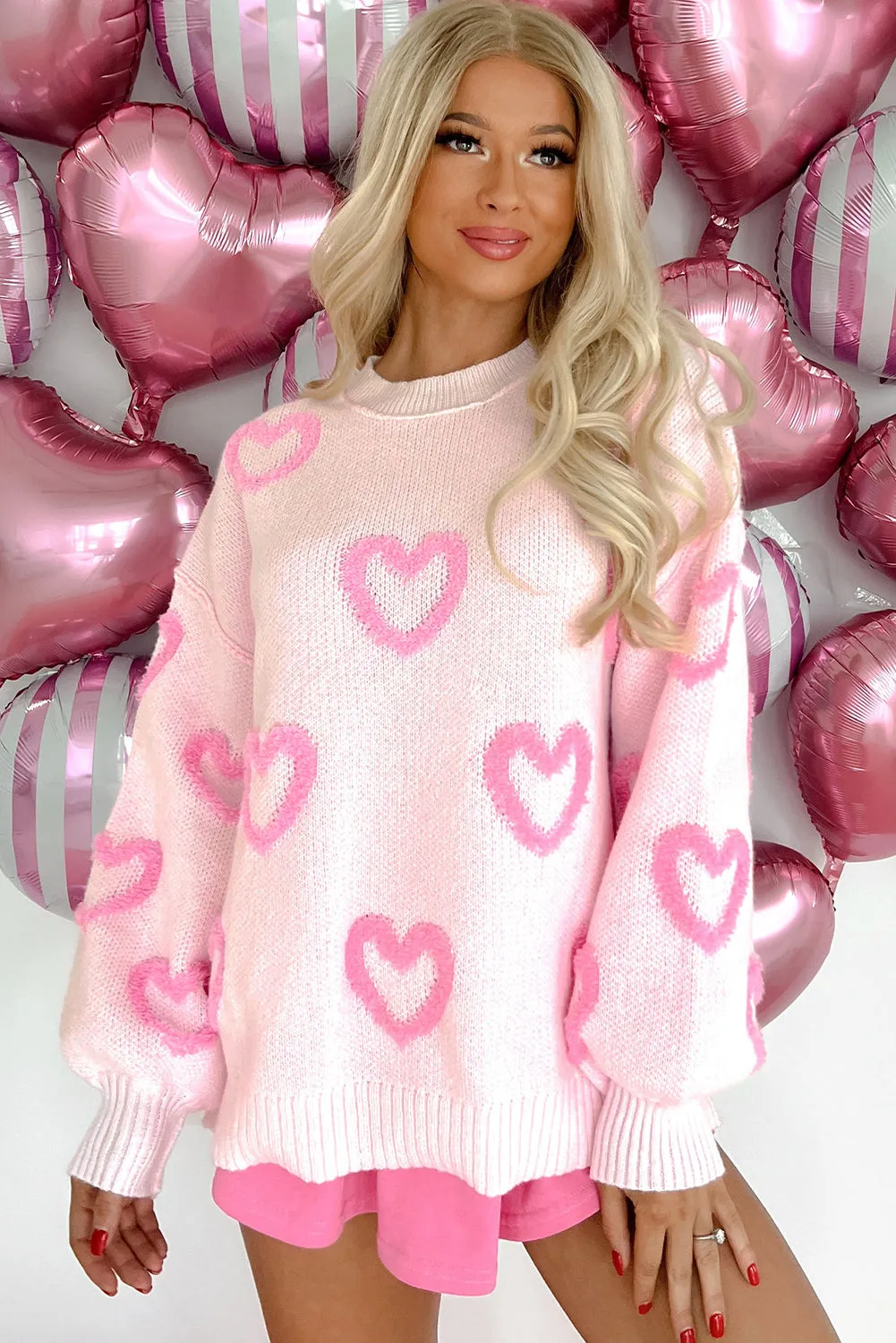 Pink Heart Shape Bubble Sleeve Baggy Sweater sold by eAura product image thumbnail 3