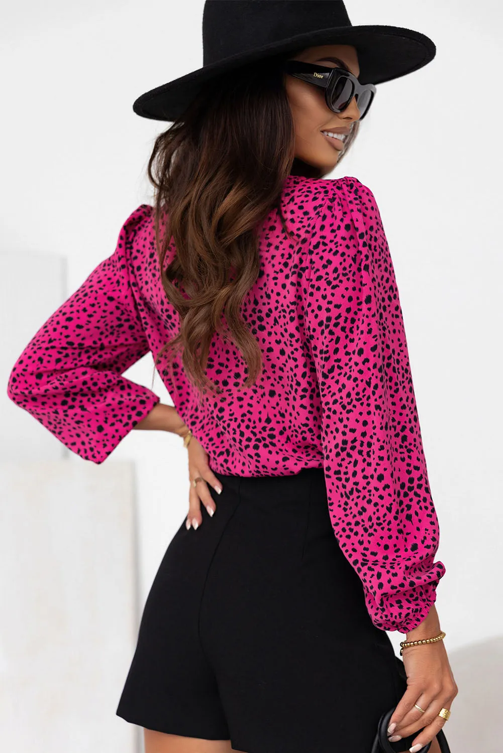 Rose Leopard Print Pleated Blouse with Keyhole sold by eAura product image thumbnail 2
