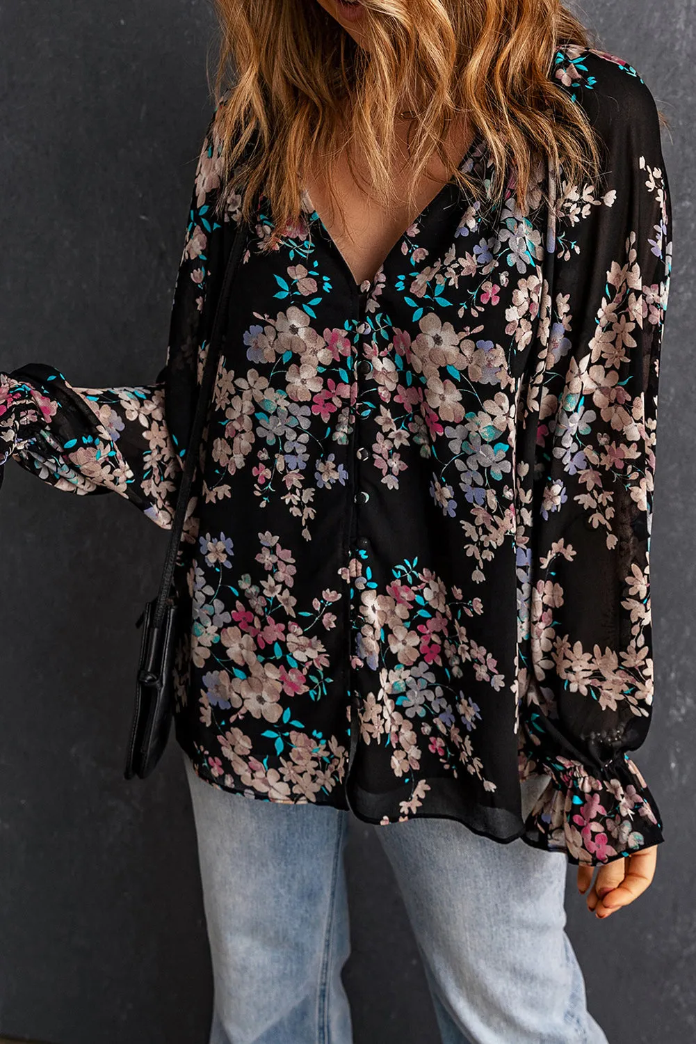 Black Wildflower Print Chiffon Blouse sold by eAura